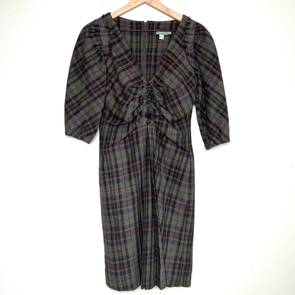 Anthropologie Wool Blend Rustic Cottage Plaid Mini Midi Dress Scottish Outlander - Picture 1 of 6
